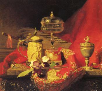 Still Life with Iris And Urns On A Red Tapestry